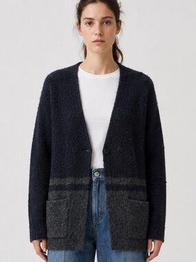 Madewell Boucle Alpaca Wool Blend Double-Breasted Cardigan in Navy Blue